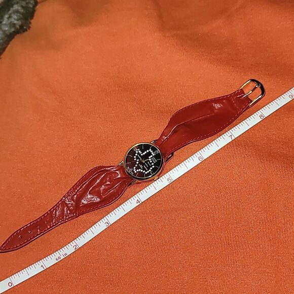 Vintage Texas State Shape in Crystals Watch‎ Gold Tone Ombre Face Red Leather - Picture 6 of 7